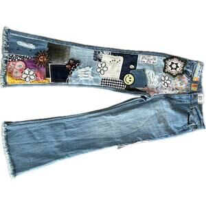 BDG Patchwork Hippie High Flare Jeans Light Wash Urban Outfitters Raw Hem SZ 26
